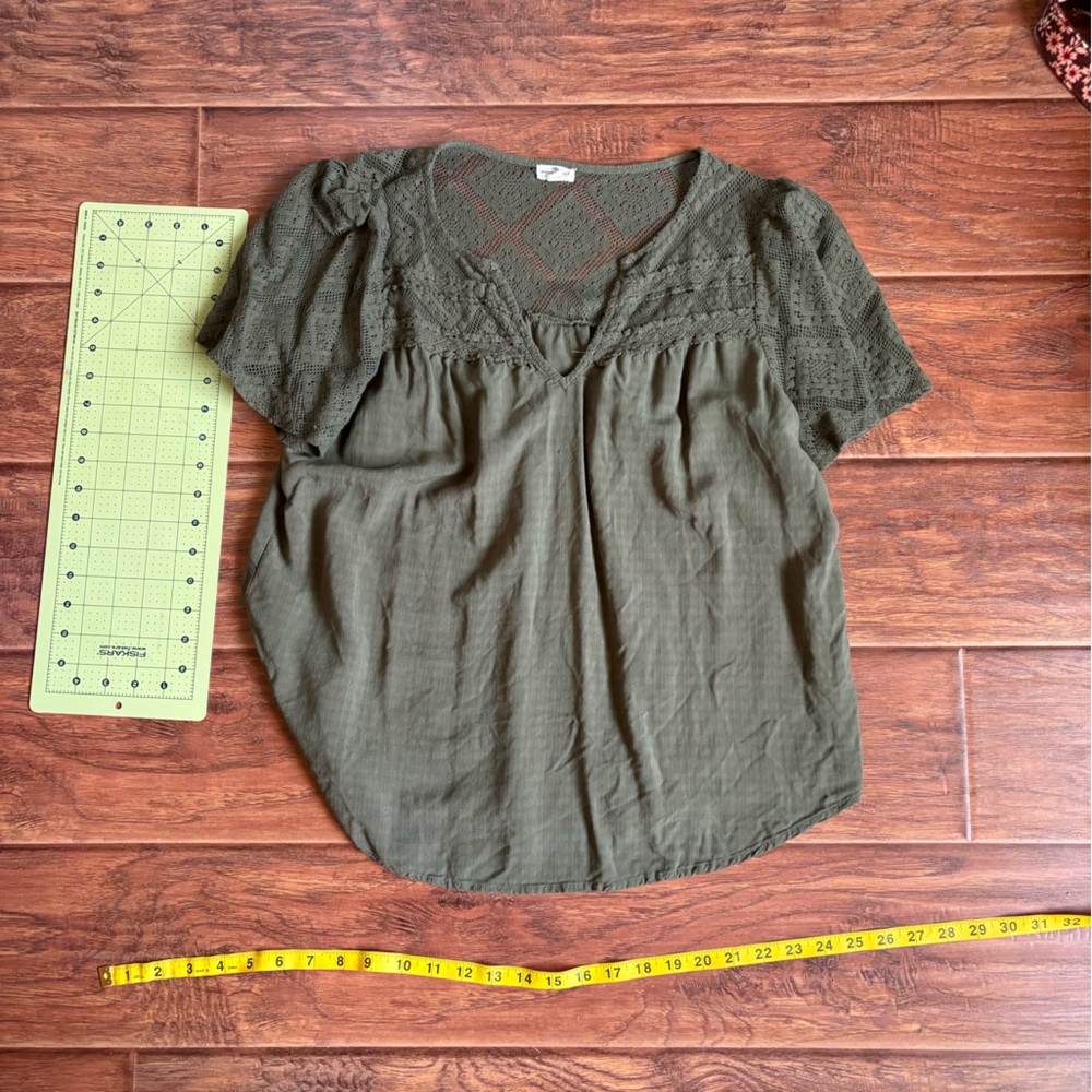 Elegant Olive Women's Blouse with Lace Accents